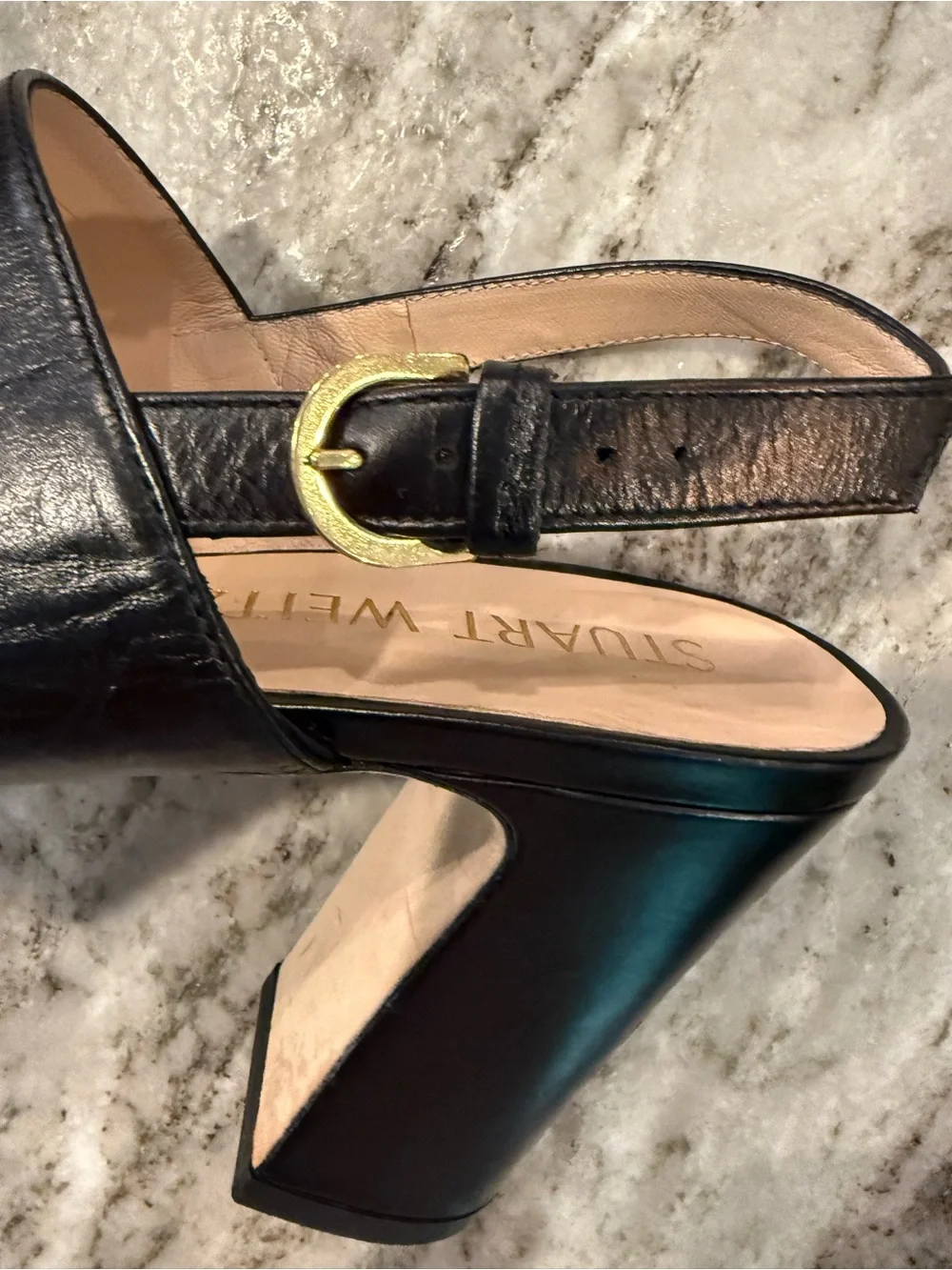 Stuart Weitzman Black Leather Ono 7.5 Platform Slingback Sandals with Box Bag